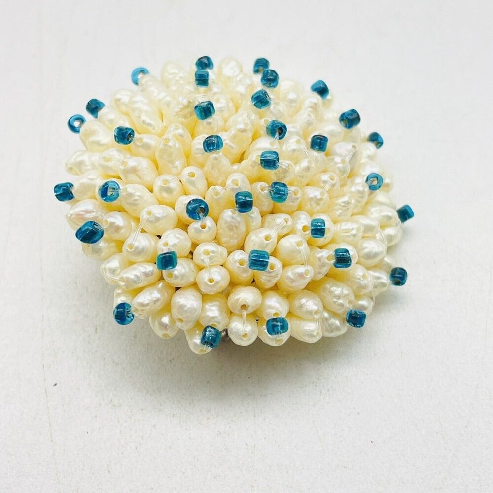 Freshwater Pearl Cluster Pin Teal Bead Accents Silver Tone Beach Coastal Islands - Picture 4 of 6